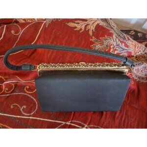 Vintage After Five Black Satin Clutch Purse W/Gold Filigree Frame Black Handle a